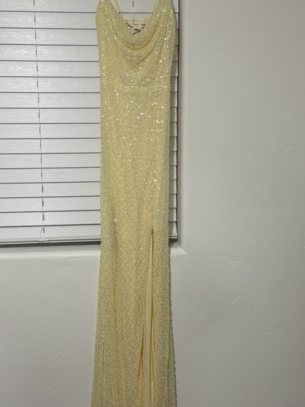 Elegant Pale Yellow Sequin Cowl Neck Evening Dress